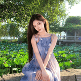 KINGWEN 2506 花朵绑带压褶睡莲印花连衣裙 紫