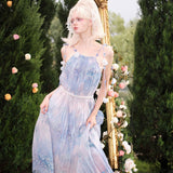 KINGWEN 2506 花朵绑带压褶睡莲印花连衣裙 紫