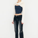 YUSE SS2312 KNIT HOODIE BOLERO SLEEVE TOP - IVORY + NAVY