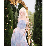 KINGWEN 2506 花朵绑带压褶睡莲印花连衣裙 紫