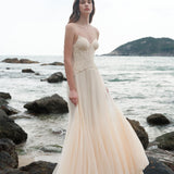 SHEER LUCK 2502 轻奢手工珠花修身包裹式缎面吊带裙 奶油杏