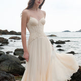 SHEER LUCK 2502 轻奢手工珠花修身包裹式缎面吊带裙 奶油杏