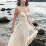 SHEER LUCK 2502 轻奢手工珠花修身包裹式缎面吊带裙 奶油杏