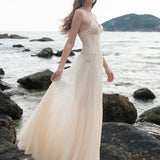 SHEER LUCK 2502 轻奢手工珠花修身包裹式缎面吊带裙 奶油杏