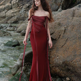 SHEER LUCK 2502  珠链飘带性感气质包臀抹胸鱼尾连衣裙 安可拉红