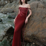 SHEER LUCK 2502  珠链飘带性感气质包臀抹胸鱼尾连衣裙 安可拉红