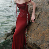 SHEER LUCK 2502  珠链飘带性感气质包臀抹胸鱼尾连衣裙 安可拉红
