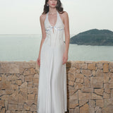 SHEER LUCK 2502 法式V领镂空收腰挂脖连衣裙 星辉白