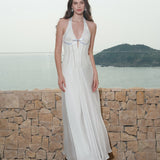 SHEER LUCK 2502 法式V领镂空收腰挂脖连衣裙 星辉白