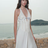 SHEER LUCK 2502 法式V领镂空收腰挂脖连衣裙 星辉白