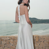 SHEER LUCK 2502 法式V领镂空收腰挂脖连衣裙 星辉白