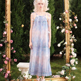 KINGWEN 2506 花朵绑带压褶睡莲印花连衣裙 紫