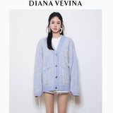 DIANA VEVINA 花纹图腾开衫羊毛毛衣 蓝