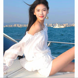 KINGWEN 2506 一字肩抽绳长袖衬衫+系带短裤