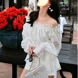 KINGWEN 2506 一字肩抽绳长袖衬衫+系带短裤