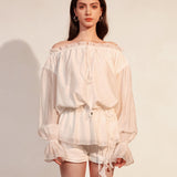 KINGWEN 2506 一字肩抽绳长袖衬衫+系带短裤