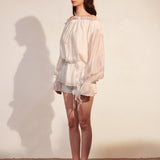 KINGWEN 2506 一字肩抽绳长袖衬衫+系带短裤