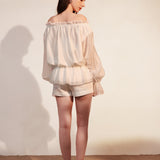 KINGWEN 2506 一字肩抽绳长袖衬衫+系带短裤