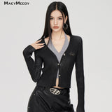 MacyMccoy SS2310 假两件挂脖针织上衣 黑