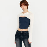 YUSE SS2312 KNIT HOODIE BOLERO SLEEVE TOP - IVORY + NAVY