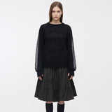 YUSE 2410 LOGO PATCH KID MOHAIR LOOSE ROUND KNIT TOP - BLACK