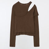 YUSE 2411 One Shoulder Layer Top (Brown)