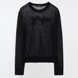 YUSE 2410 LOGO PATCH KID MOHAIR LOOSE ROUND KNIT TOP - BLACK