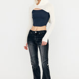 YUSE SS2312 KNIT HOODIE BOLERO SLEEVE TOP - IVORY + NAVY