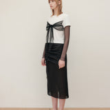 YUSE 2404 MESH RIBBON LAYERED T-SHIRT IVORY/BLACK