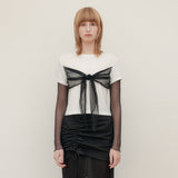 YUSE 2404 MESH RIBBON LAYERED T-SHIRT IVORY/BLACK