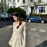 SHEER LUCK 2405 蕾丝收腰长袖连衣裙 杏