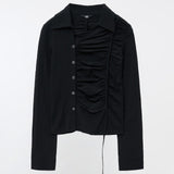 YUSE 2410 UNBALANCE SHIRRING SHIRT - BLACK