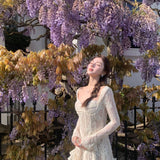 SHEER LUCK 2405 蕾丝收腰长袖连衣裙 杏