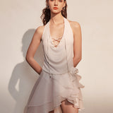 KINGWEN 2506 挂脖串绳花瓣连衣裙 白