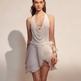 KINGWEN 2506 挂脖串绳花瓣连衣裙 白