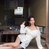 West.Y 一字领钻链衬衫裙 白