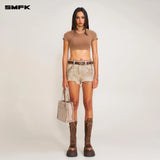 SMFK 2506 暴风褪色蚕丝健身短身Tee(手工染色)/野马棕