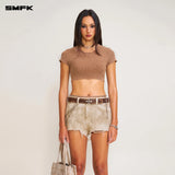 SMFK 2506 暴风褪色蚕丝健身短身Tee(手工染色)/野马棕