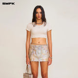 SMFK 2506 暴风褪色蚕丝健身短身Tee(手工染色)/白雾色