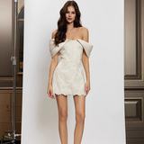 SHEER LUCK 2503 一字肩蕾丝缎面连衣裙