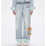13DE MARZO | 2503 Plaid Cuffed Sleeve Denim Pants Blue