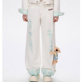 13DE MARZO | 2503 Plaid Cuffed Sleeve Denim Pants White