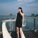 ECUME 2408 飘带分割透视斜肩露背礼服裙