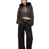 OZLANA SS2310 Heart Rose Cropped Hoodie Grey(毛领可拆卸)