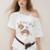 Kroche 2507 腊肠小狗 慵懒亲肤棉质斜肩短袖