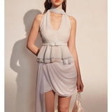 KINGWEN 2509 蓝色收腰挂脖飘带上衣