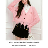Kroche SS2310 破洞毛边V领宽松针织开衫 粉