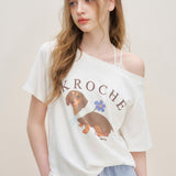 Kroche 2507 腊肠小狗 慵懒亲肤棉质斜肩短袖