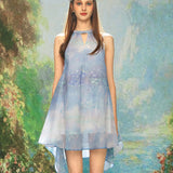 KINGWEN 2506 睡莲印花挂脖连衣裙 蓝