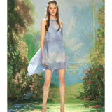 KINGWEN 2506 睡莲印花挂脖连衣裙 蓝